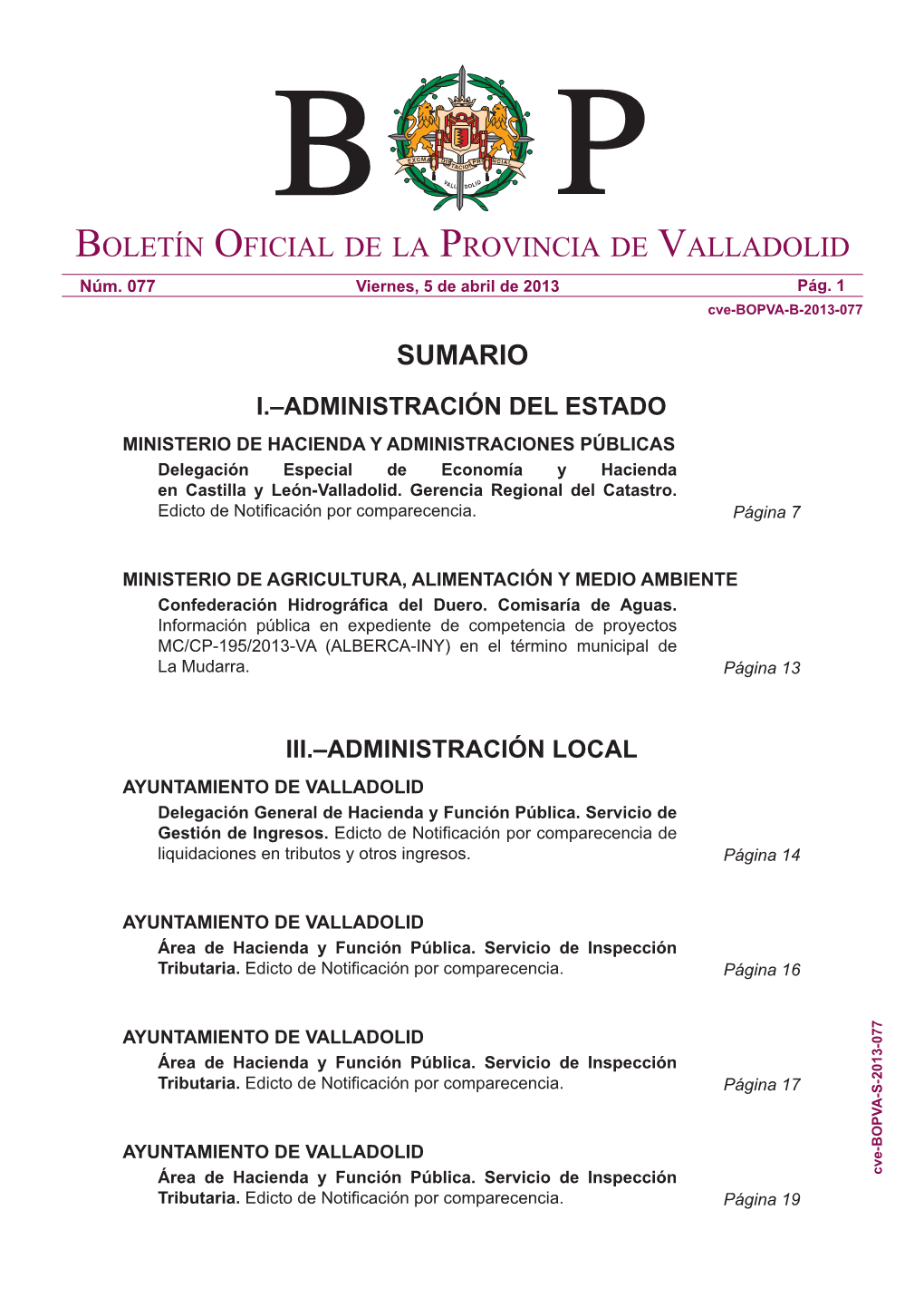 Boletín Oficial De La Provincia De Valladolid Sumario