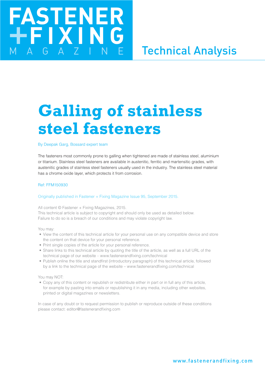 Galling of Stainless Steel Fasteners