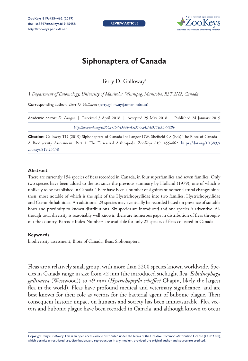 Siphonaptera of Canada 455 Doi: 10.3897/Zookeys.819.25458 REVIEW ARTICLE Launched to Accelerate Biodiversity Research