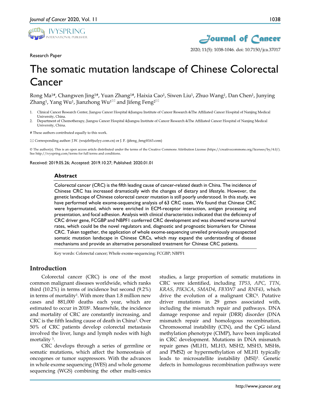 The Somatic Mutation Landscape of Chinese Colorectal Cancer