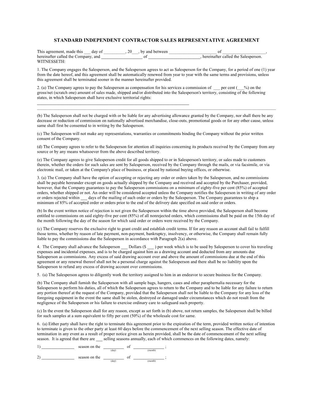 Standard Independent Contractor Sales Representative Agreement