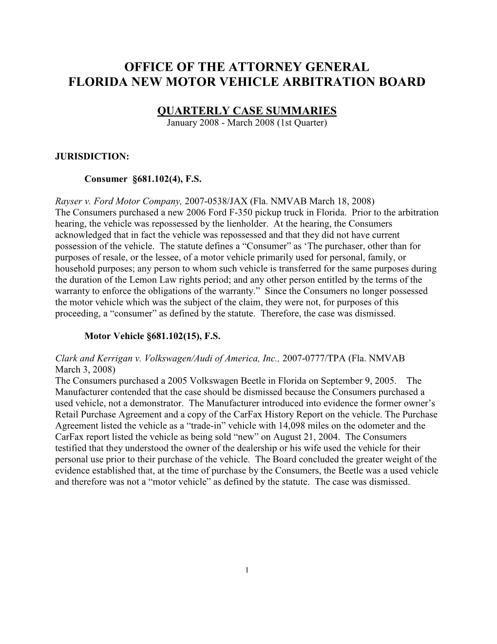 Office of the Attorney General Florida New Motor Vehicle Arbitration Board