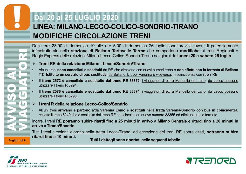 Milano-Lecco-Colico-Sondrio-Tirano Modifiche Circolazione Treni