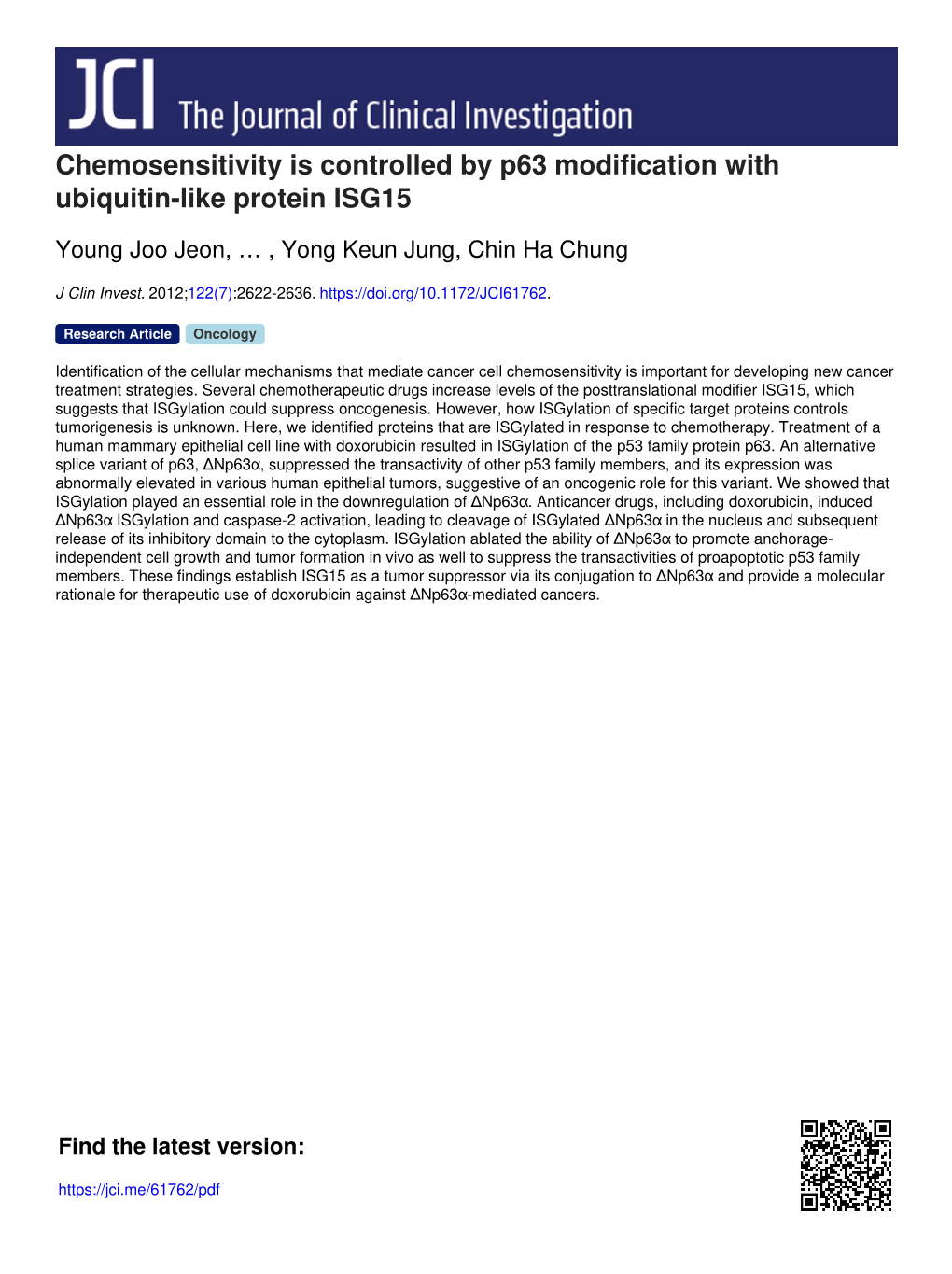 Chemosensitivity Is Controlled by P63 Modification with Ubiquitin-Like Protein ISG15
