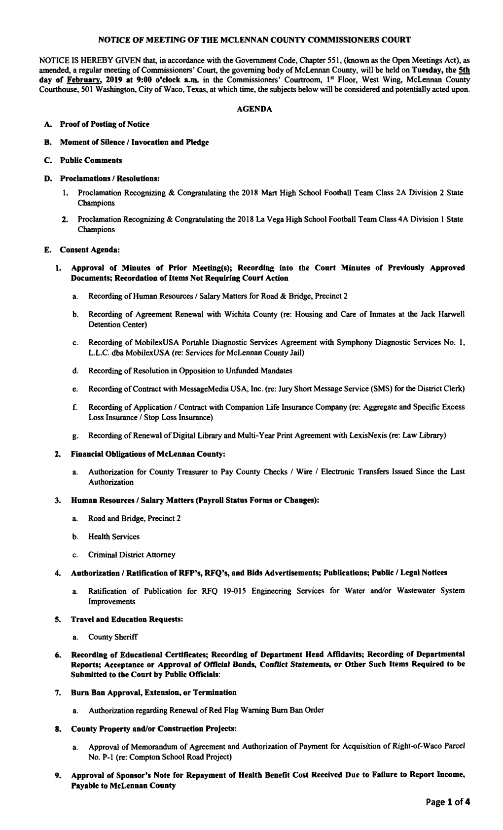 Amended, a Regular Meeting of Commissioners' Court, the Governing Body of Mclennan County, Will Be Held on Tuesday, the 5Th Cour