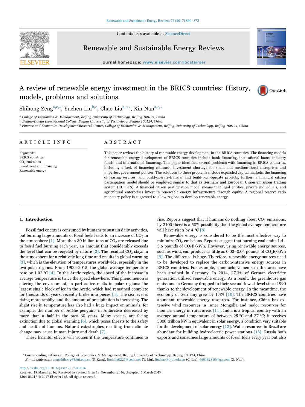 A Review of Renewable Energy Investment in the BRICS Countries History, Models, Problems and Solutions