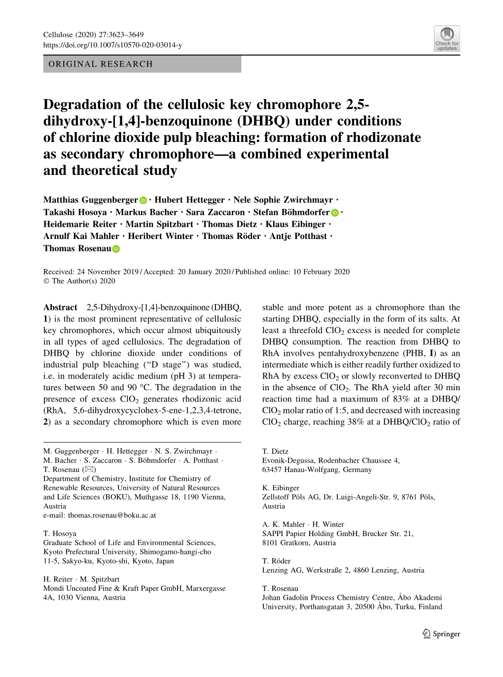 [1,4]-Benzoquinone (DHBQ) Under Conditions of Chlorine Dioxide Pulp