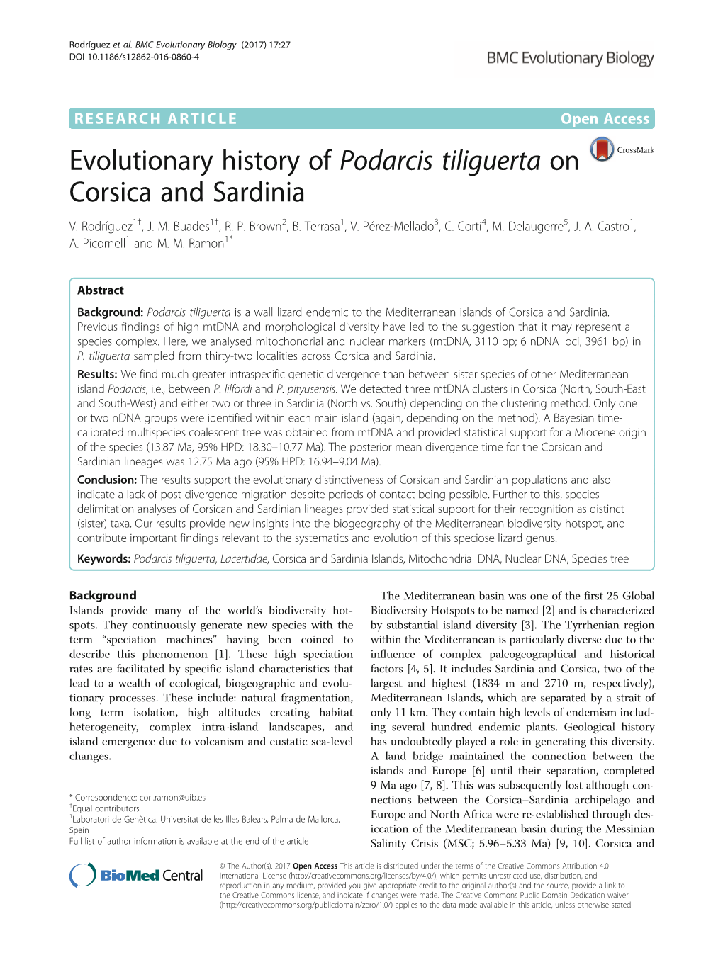 Evolutionary History of Podarcis Tiliguerta on Corsica and Sardinia V