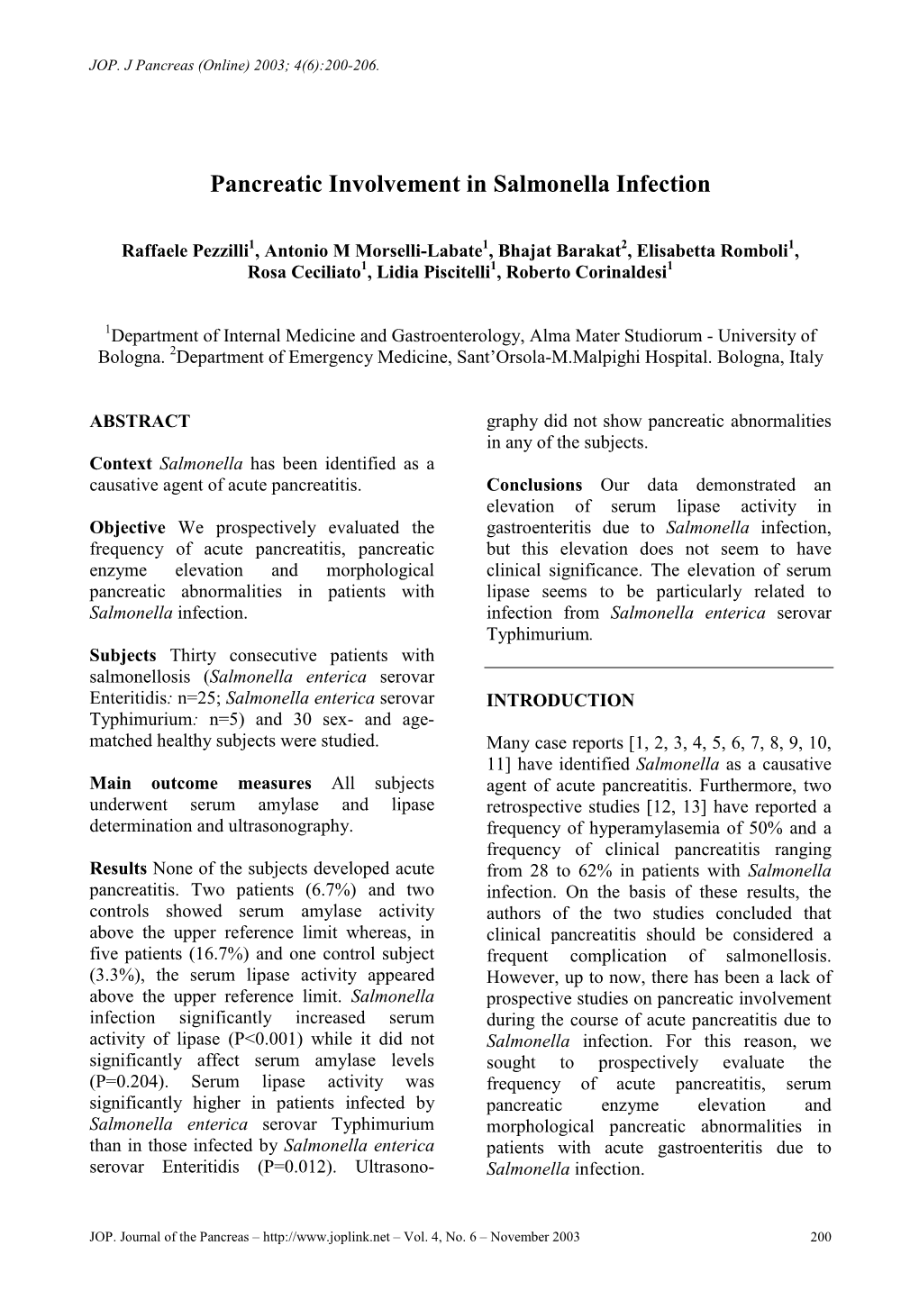 Pancreatic Involvement in Salmonella Infection