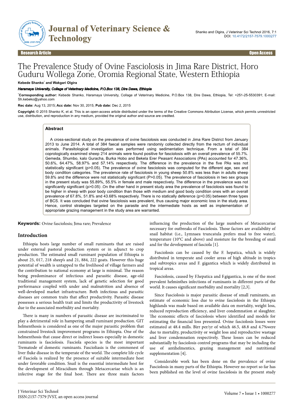 The Prevalence Study of Ovine Fasciolosis in Jima Rare District