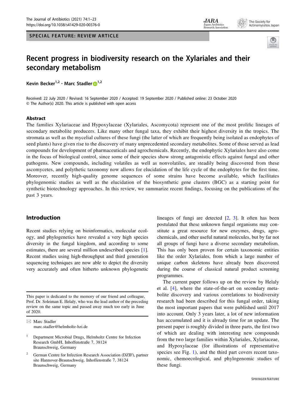 Recent Progress in Biodiversity Research on the Xylariales and Their Secondary Metabolism