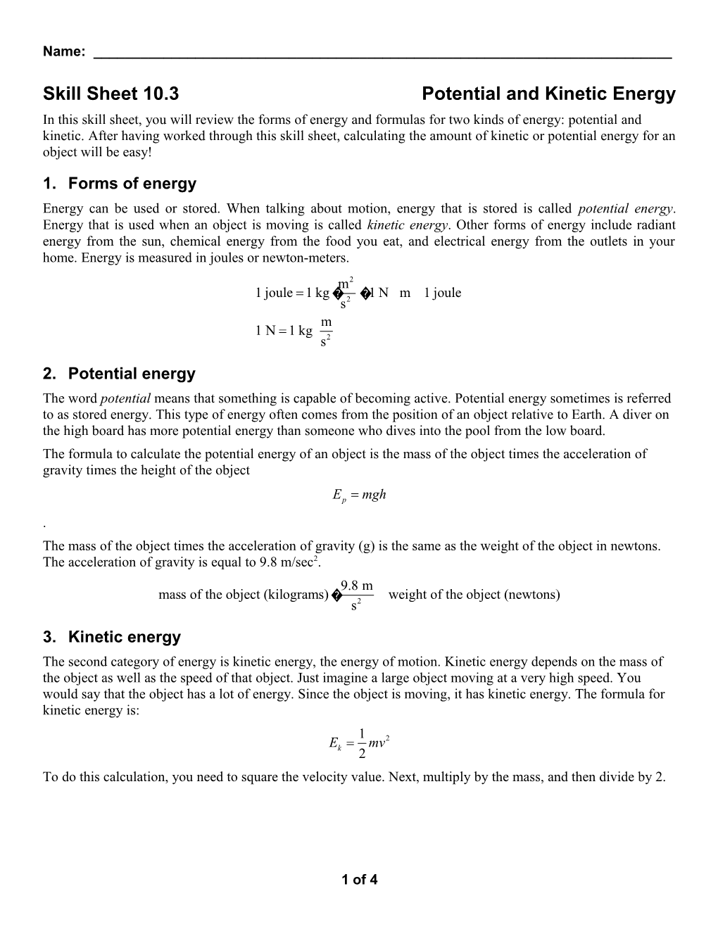 Skill Sheet Potential and Kinetic Energy