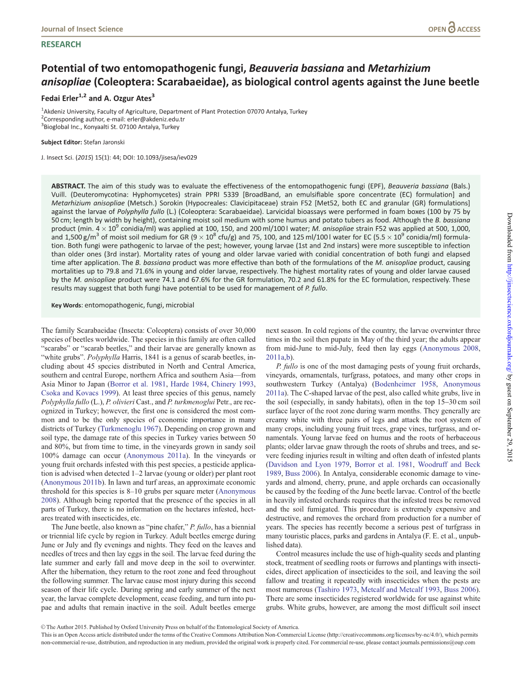 Potential of Two Entomopathogenic Fungi, Beauveria Bassiana and Metarhizium Anisopliae (Coleoptera: Scarabaeidae), As Biological