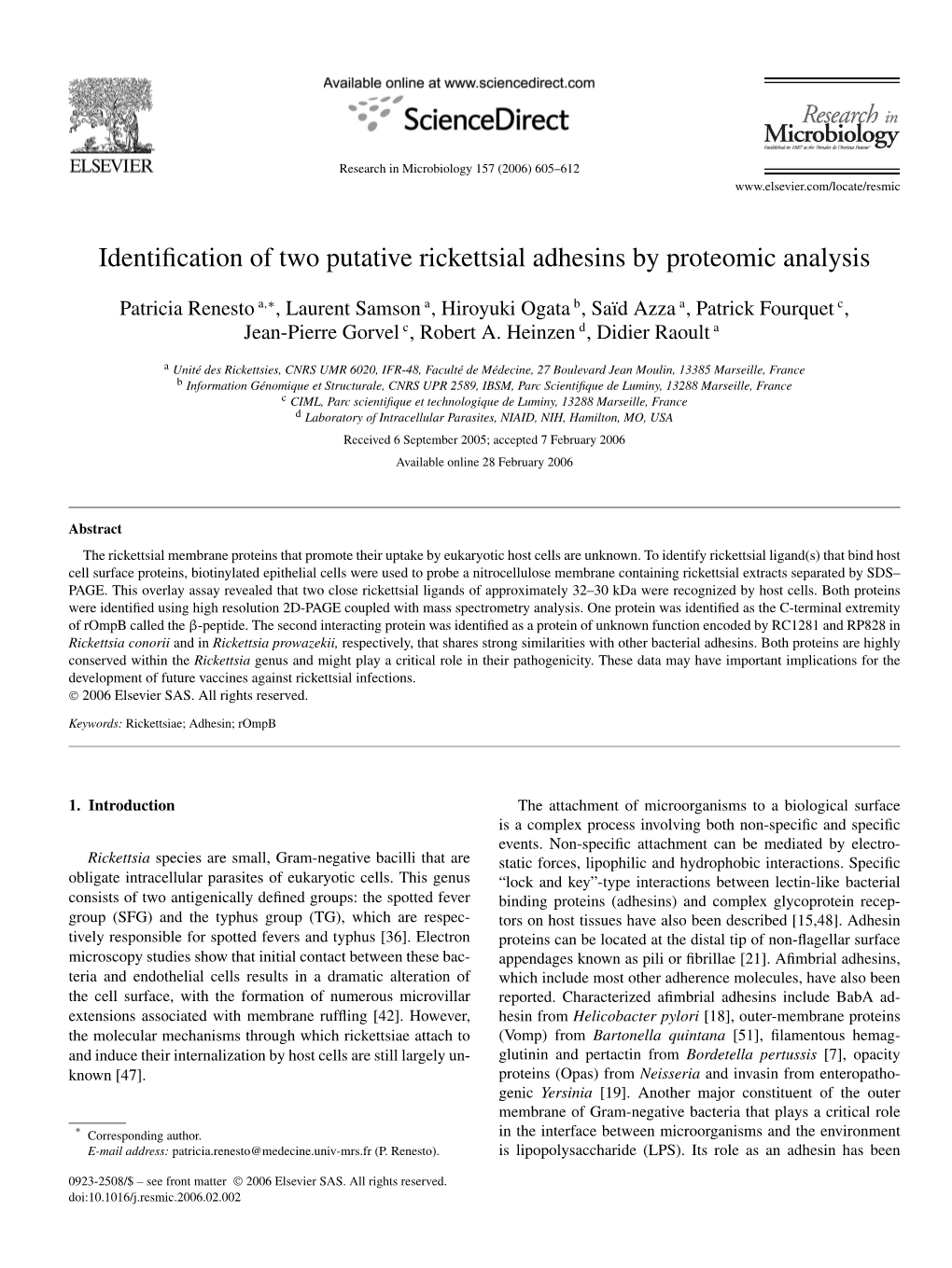 Identification of Two Putative Rickettsial Adhesins by Proteomic Analysis