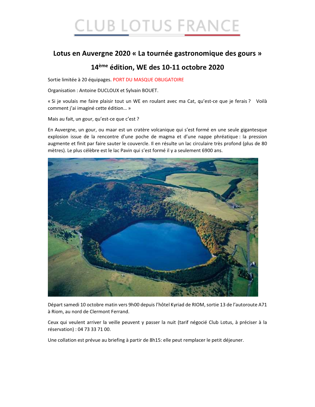 Lotus En Auvergne 2020 « La Tournée Gastronomique Des Gours » 14Ème Édition, WE Des 10-11 Octobre 2020