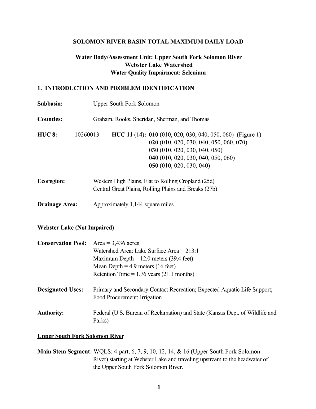 Upper South Fork Solomon River Webster Lake Watershed Water Quality Impairment: Selenium