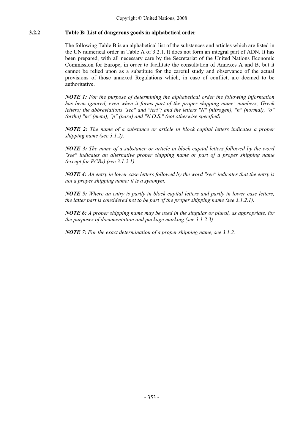 3.2.2 Table B: List of Dangerous Goods in Alphabetical Order the Following