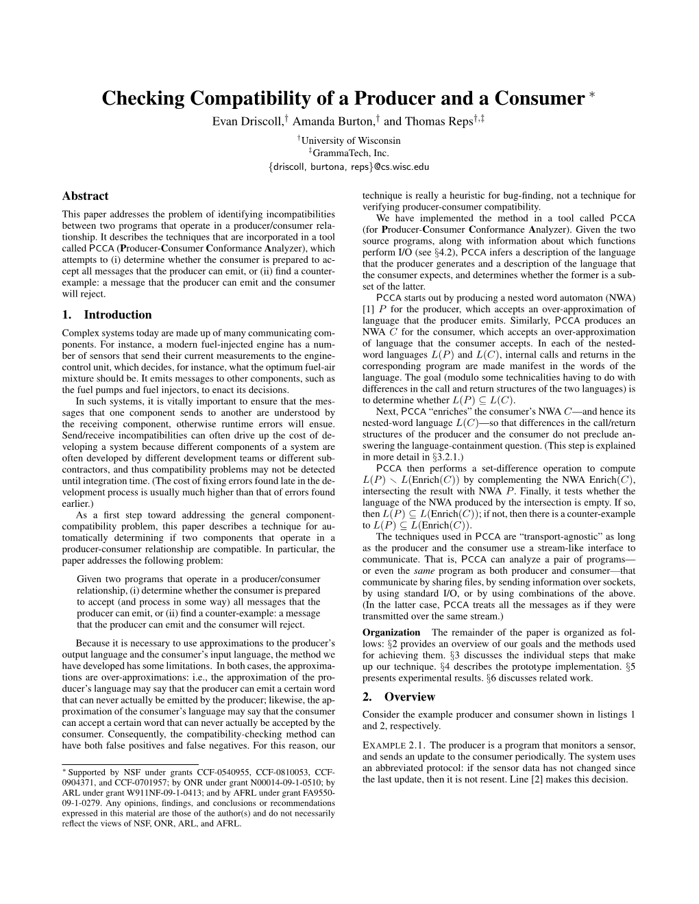 Checking Compatibility of a Producer and a Consumer ∗ Evan Driscoll,† Amanda Burton,† and Thomas Reps†,‡ †University of Wisconsin ‡Grammatech, Inc