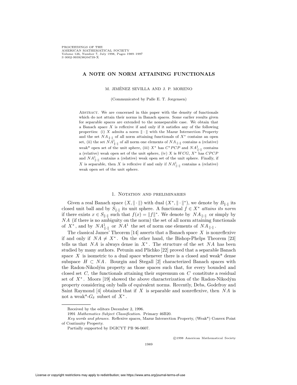 A NOTE on NORM ATTAINING FUNCTIONALS 1. Notation And