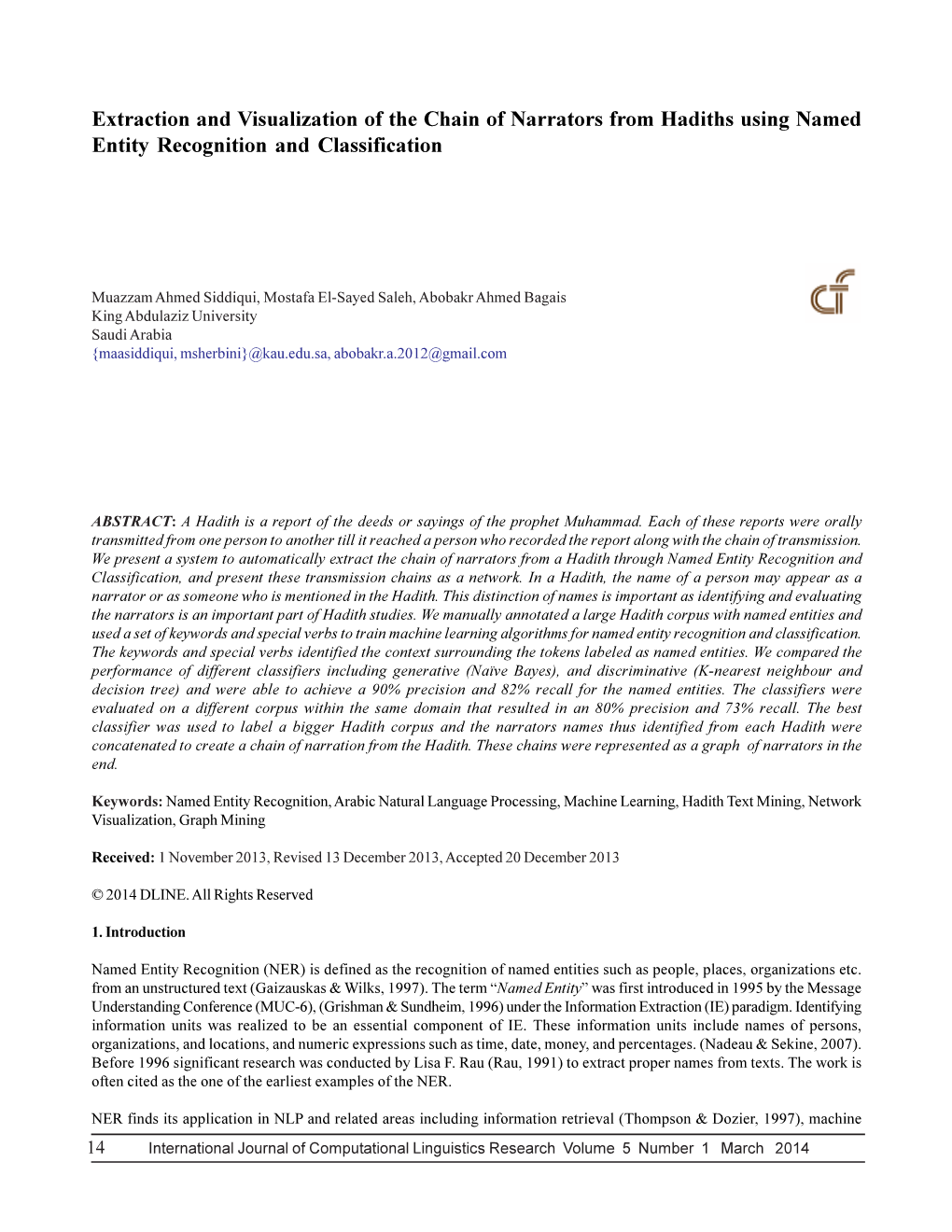 Extraction and Visualization of the Chain of Narrators from Hadiths Using Named Entity Recognition and Classification