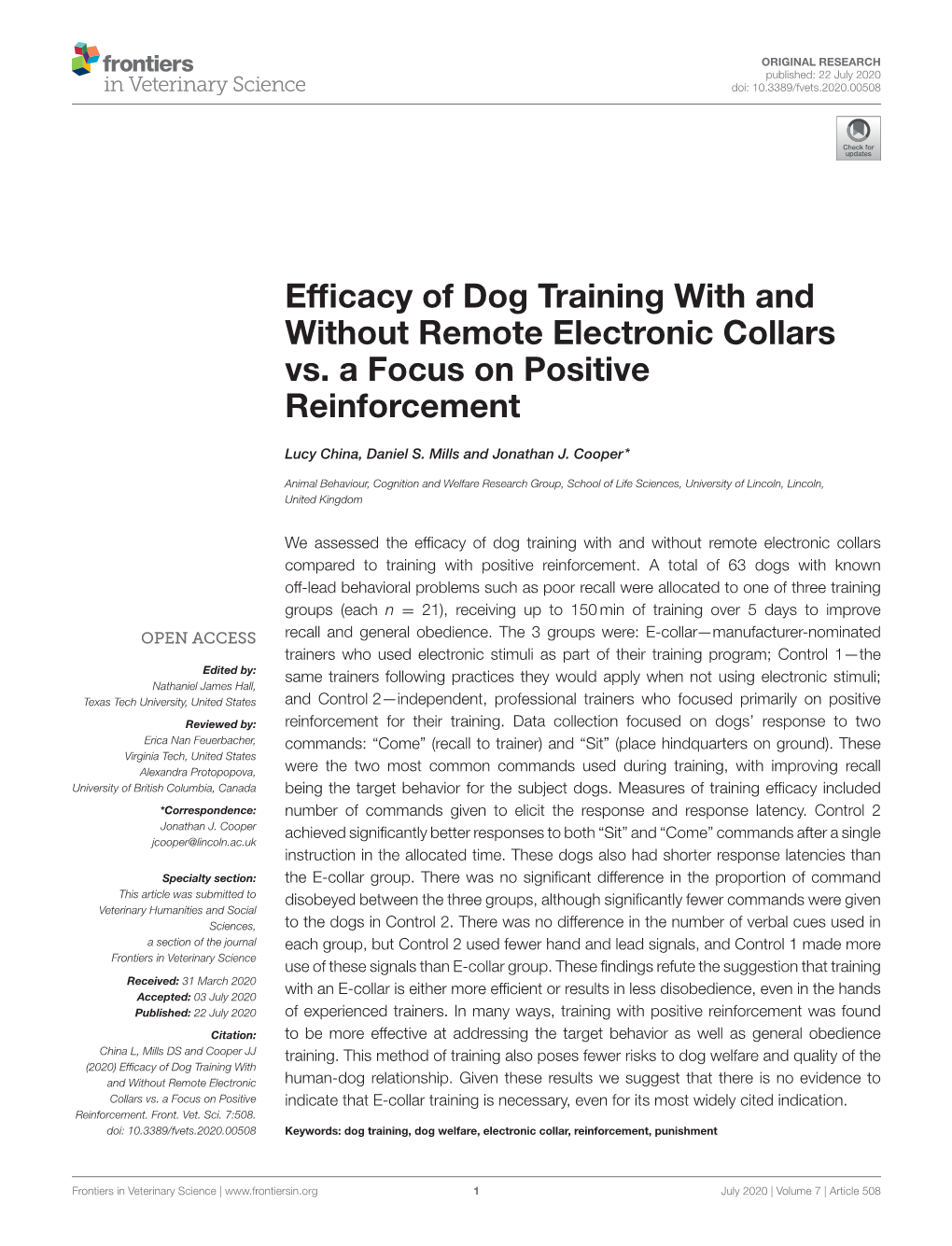 Efficacy of Dog Training with and Without Remote Electronic Collars