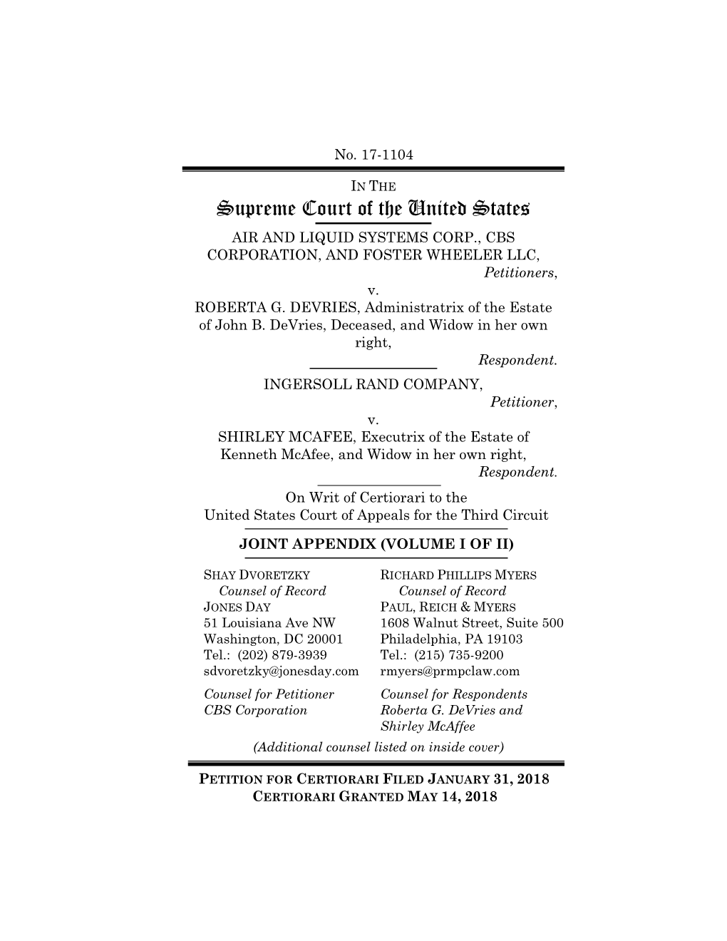 AIR and LIQUID SYSTEMS CORP., CBS CORPORATION, and FOSTER WHEELER LLC, Petitioners, V