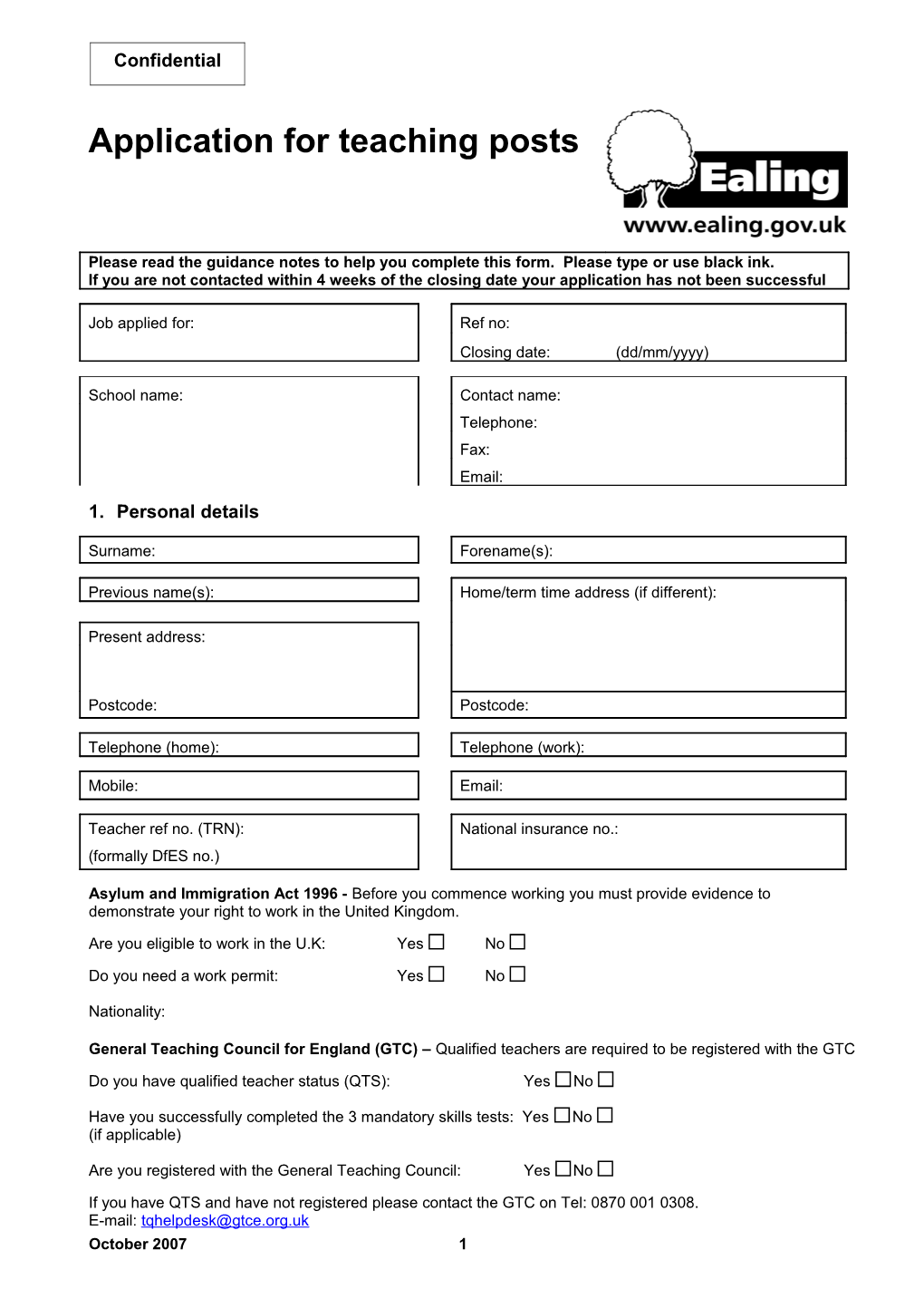 Application for Teaching Posts / Please Read the Guidance Notes to Help You Complete This