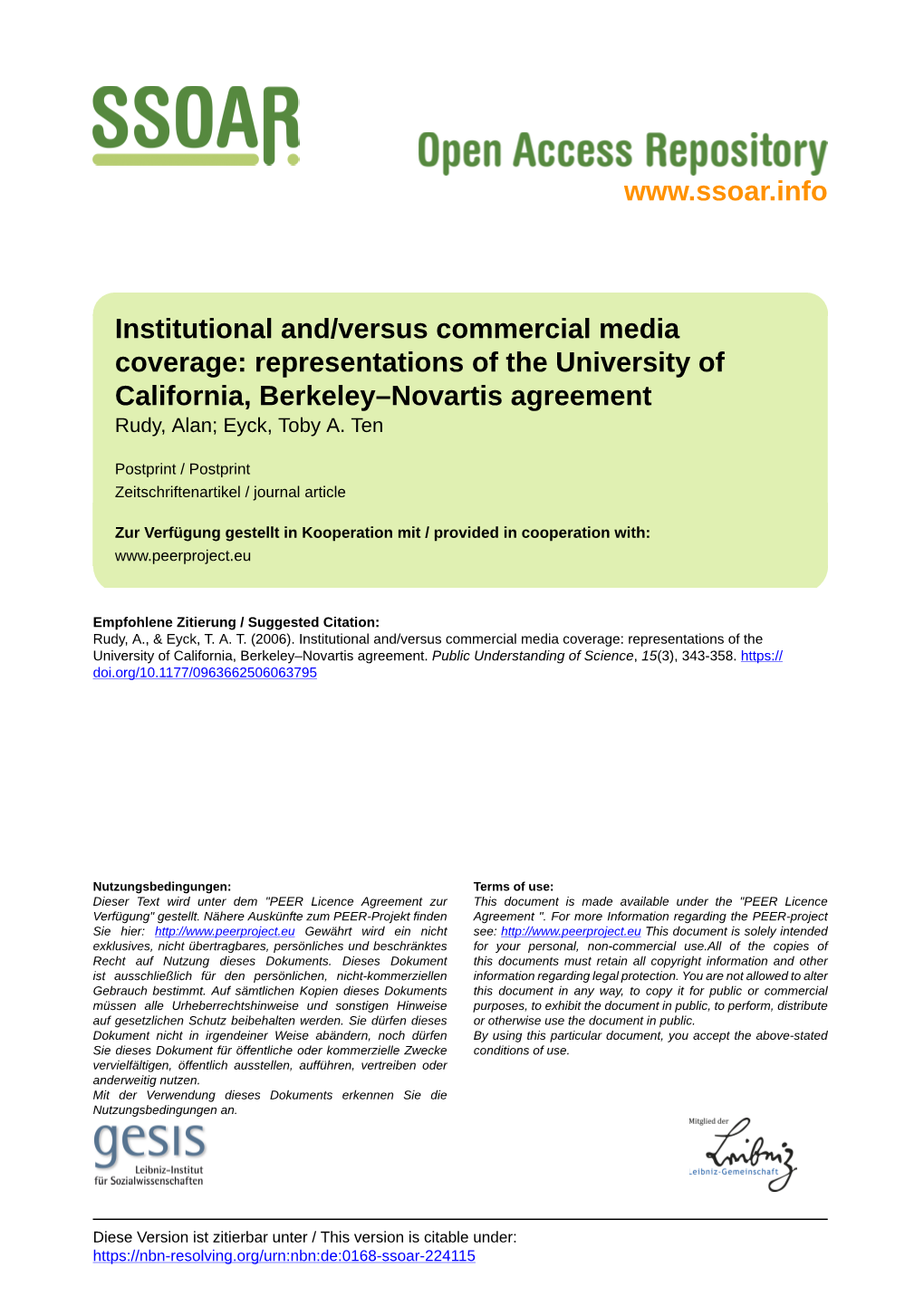 Representations of the University of California, Berkeley–Novartis Agreement Rudy, Alan; Eyck, Toby A