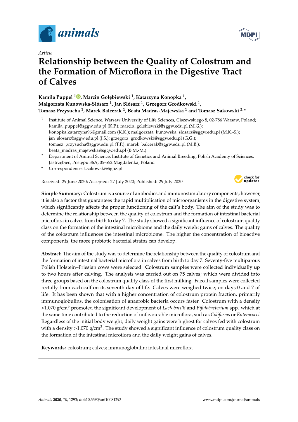 Relationship Between the Quality of Colostrum and the Formation of Microﬂora in the Digestive Tract of Calves