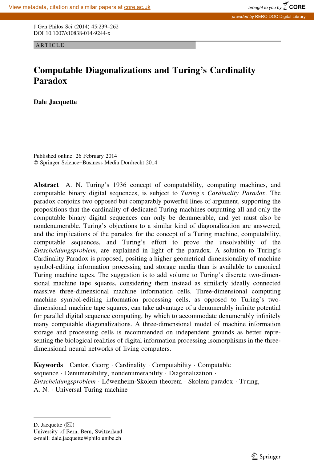 Computable Diagonalizations and Turing's Cardinality Paradox