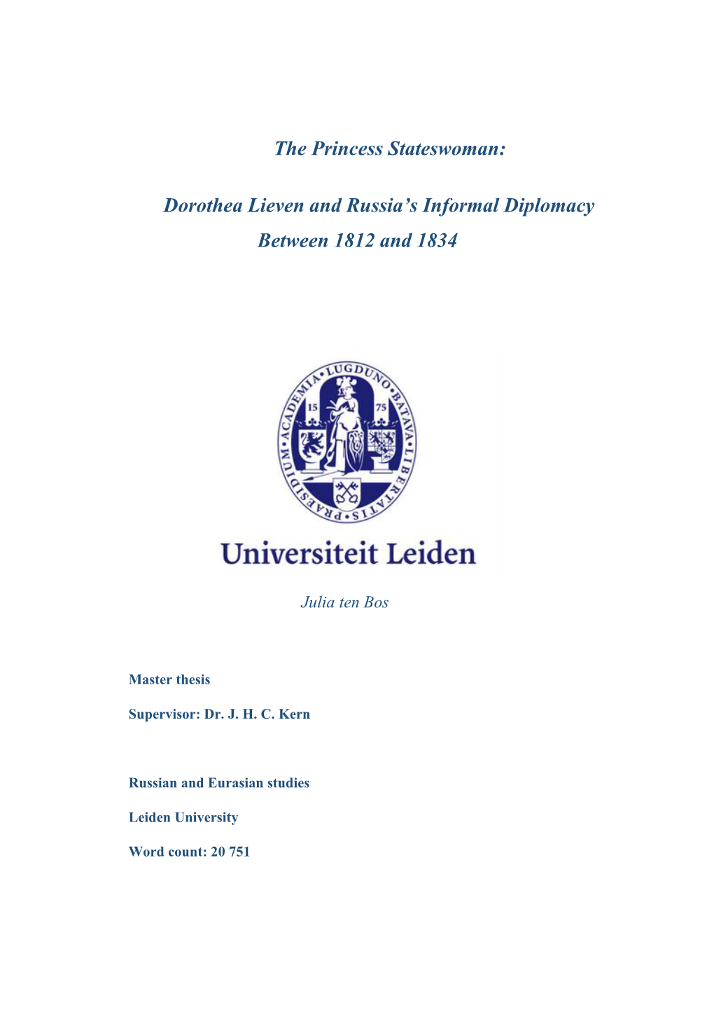 Dorothea Lieven and Russia's Informal Diplomacy Between 1812 and 1834