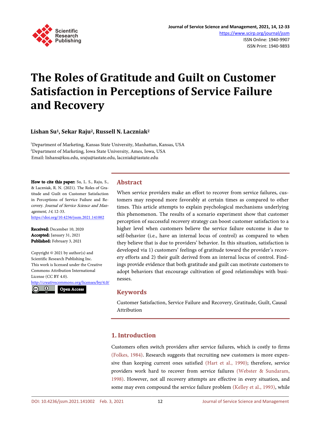 The Roles of Gratitude and Guilt on Customer Satisfaction in Perceptions of Service Failure and Recovery