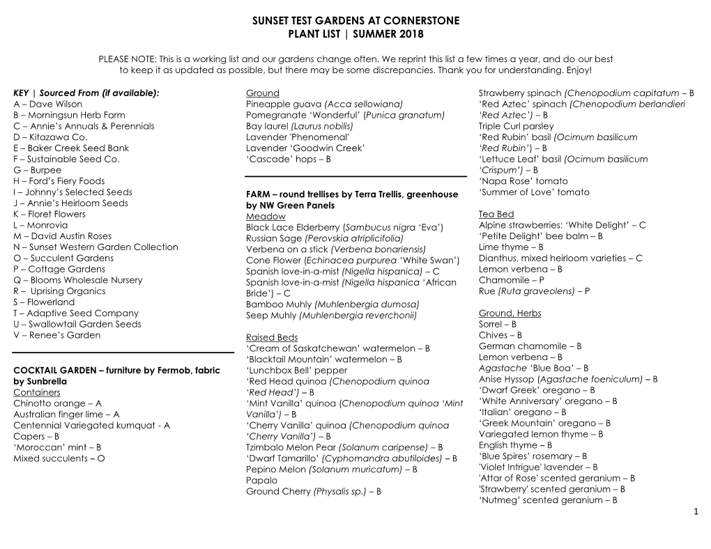 Sunset Test Gardens at Cornerstone Plant List | Summer 2018