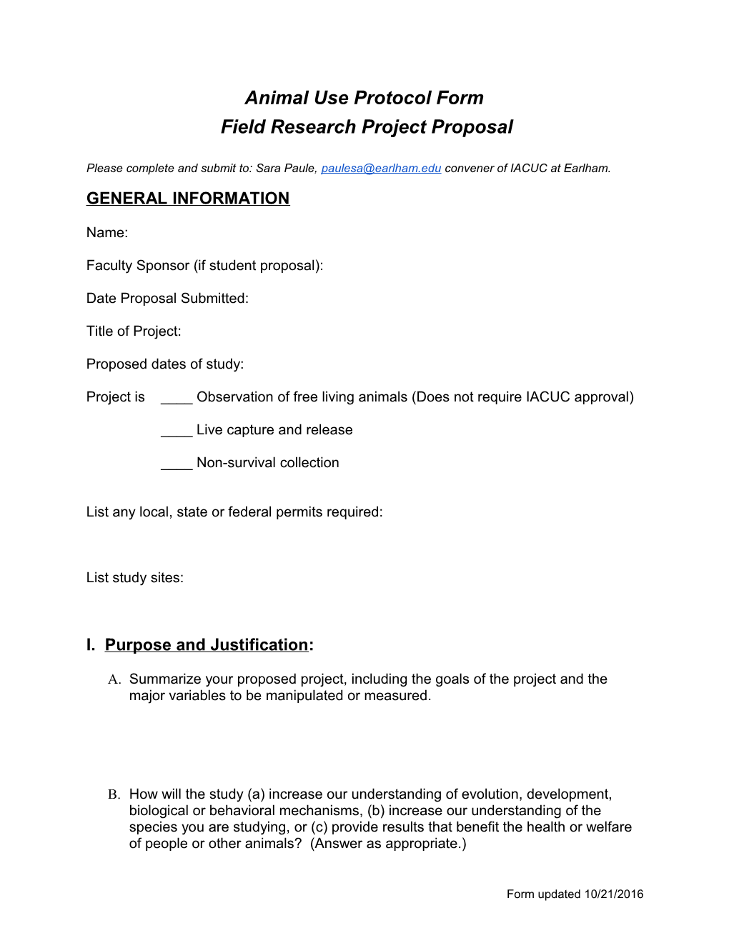 Animal Use Protocol Form