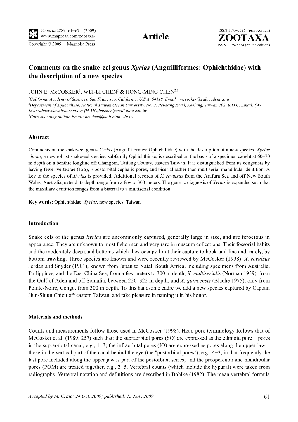 Zootaxa, Comments on the Snake-Eel Genus Xyrias (Anguilliformes: Ophichthidae)