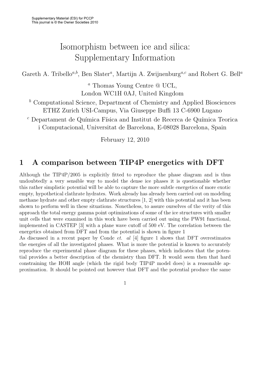 Isomorphism Between Ice and Silica: Supplementary Information