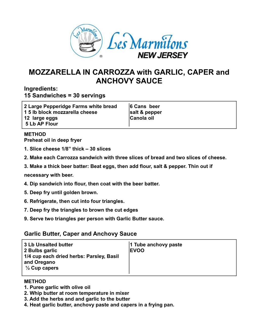 MOZZARELLA in CARROZZA with GARLIC, CAPER and ANCHOVY SAUCE Ingredients: 15 Sandwiches = 30 Servings