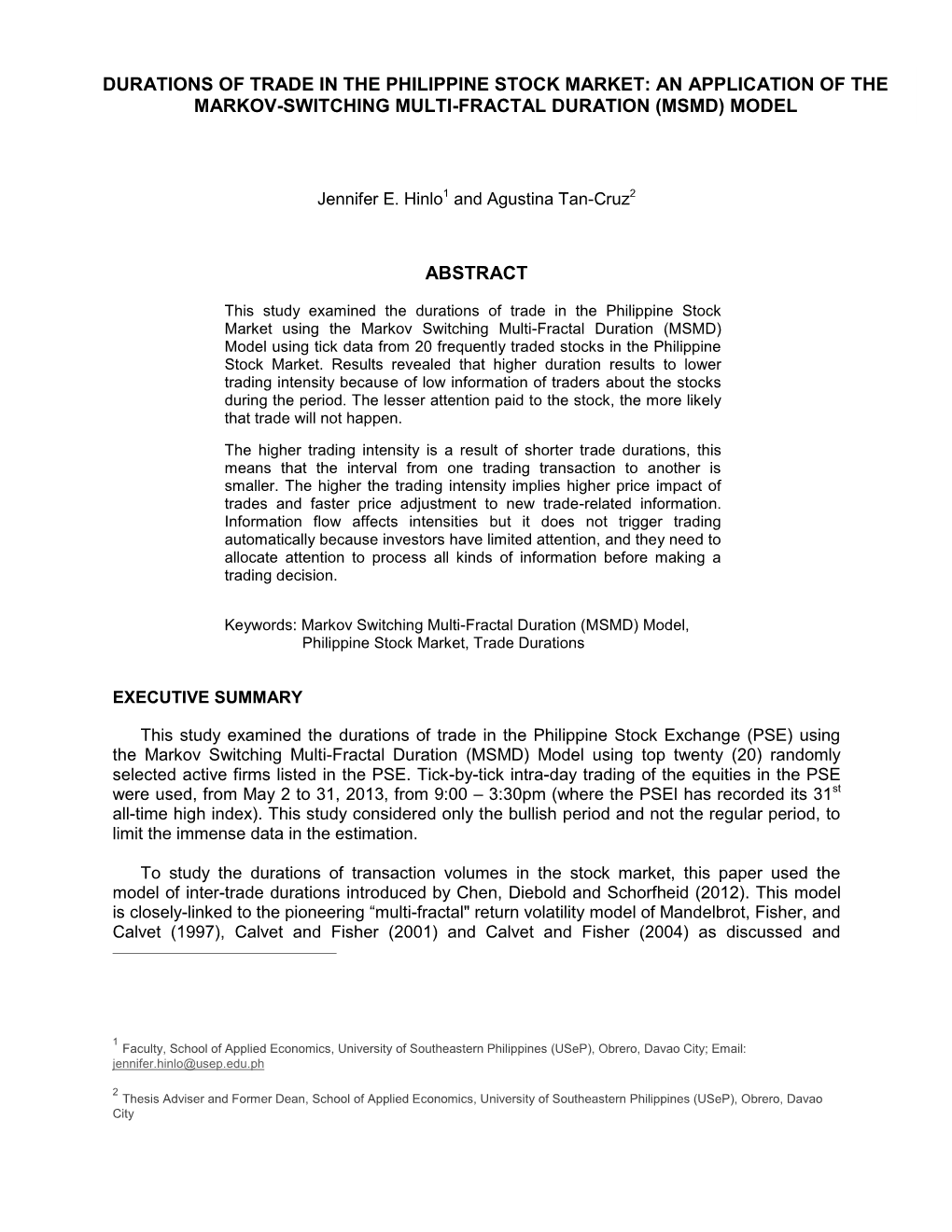 Durations of Trade in the Philippine Stock Market: an Application of the Markov-Switching Multi-Fractal Duration (Msmd) Model