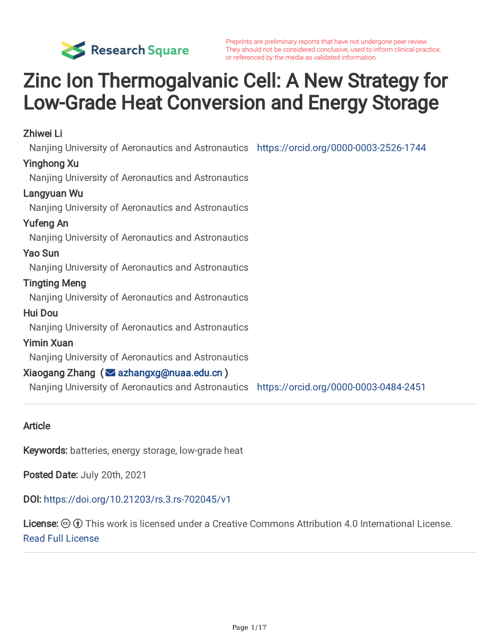Zinc Ion Thermogalvanic Cell: a New Strategy for Low-Grade Heat Conversion and Energy Storage