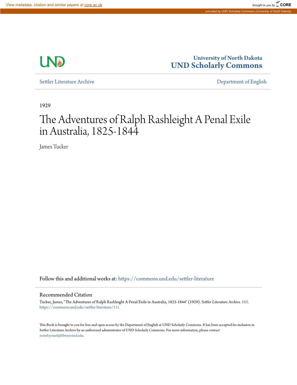 The Adventures of Ralph Rashleight a Penal Exile in Australia, 1825-1844 James Tucker