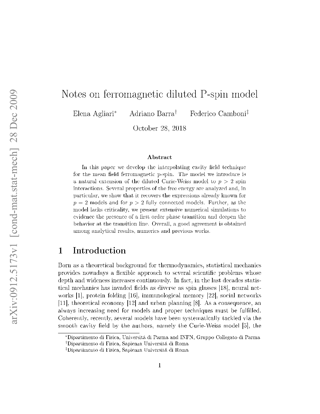 Notes on Ferromagnetic Diluted P-Spin Model Arxiv:0912.5173V1 [Cond