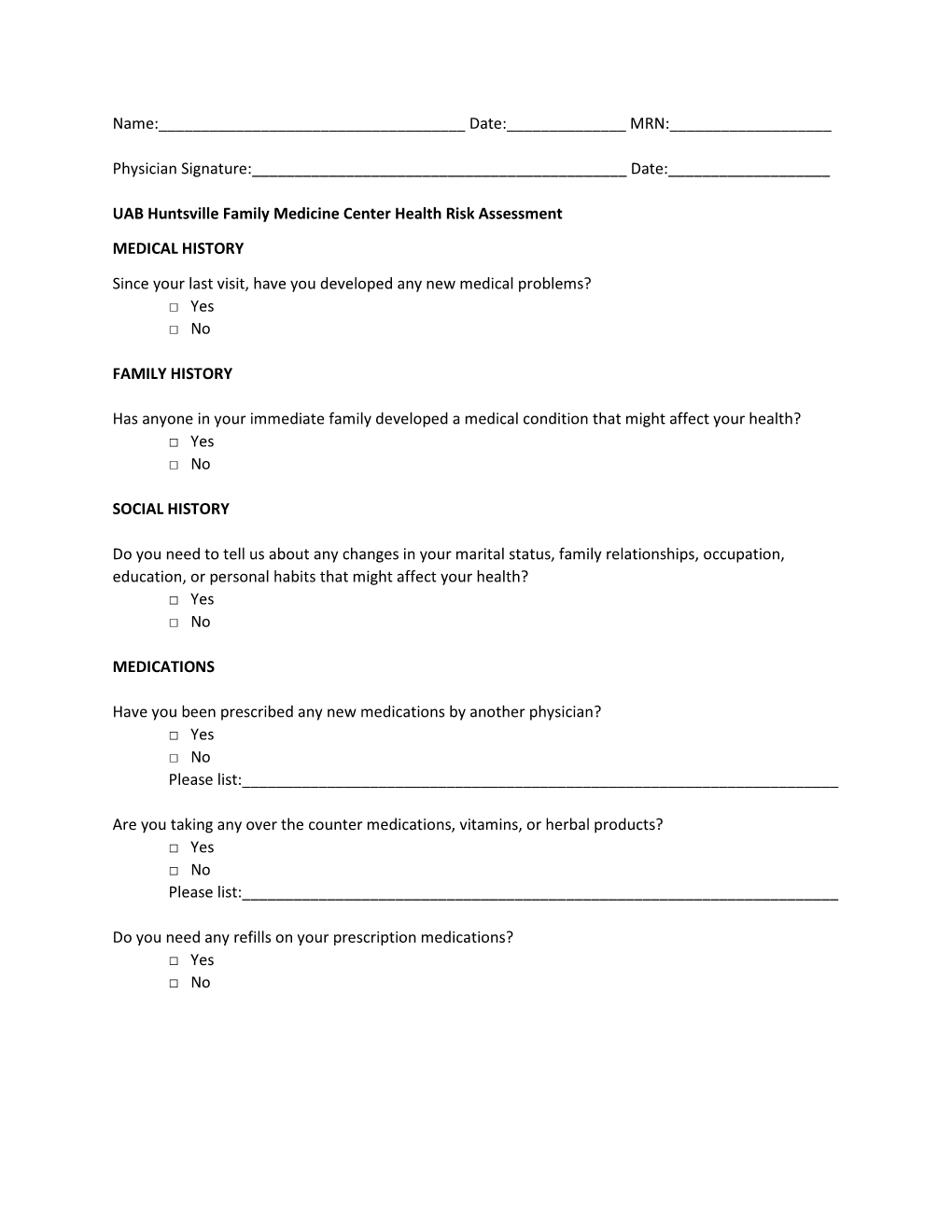 E DZE W ^ UAB Huntsville Family Medicine Center Health Risk