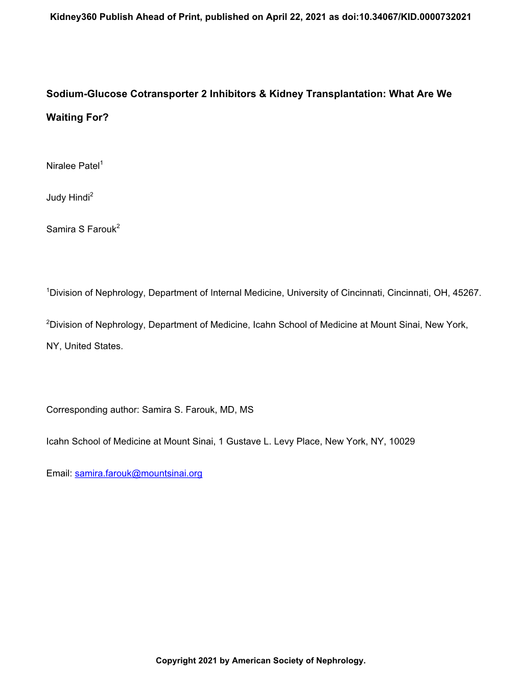 (SGLT2) Inhibitors & Kidney Transplantation