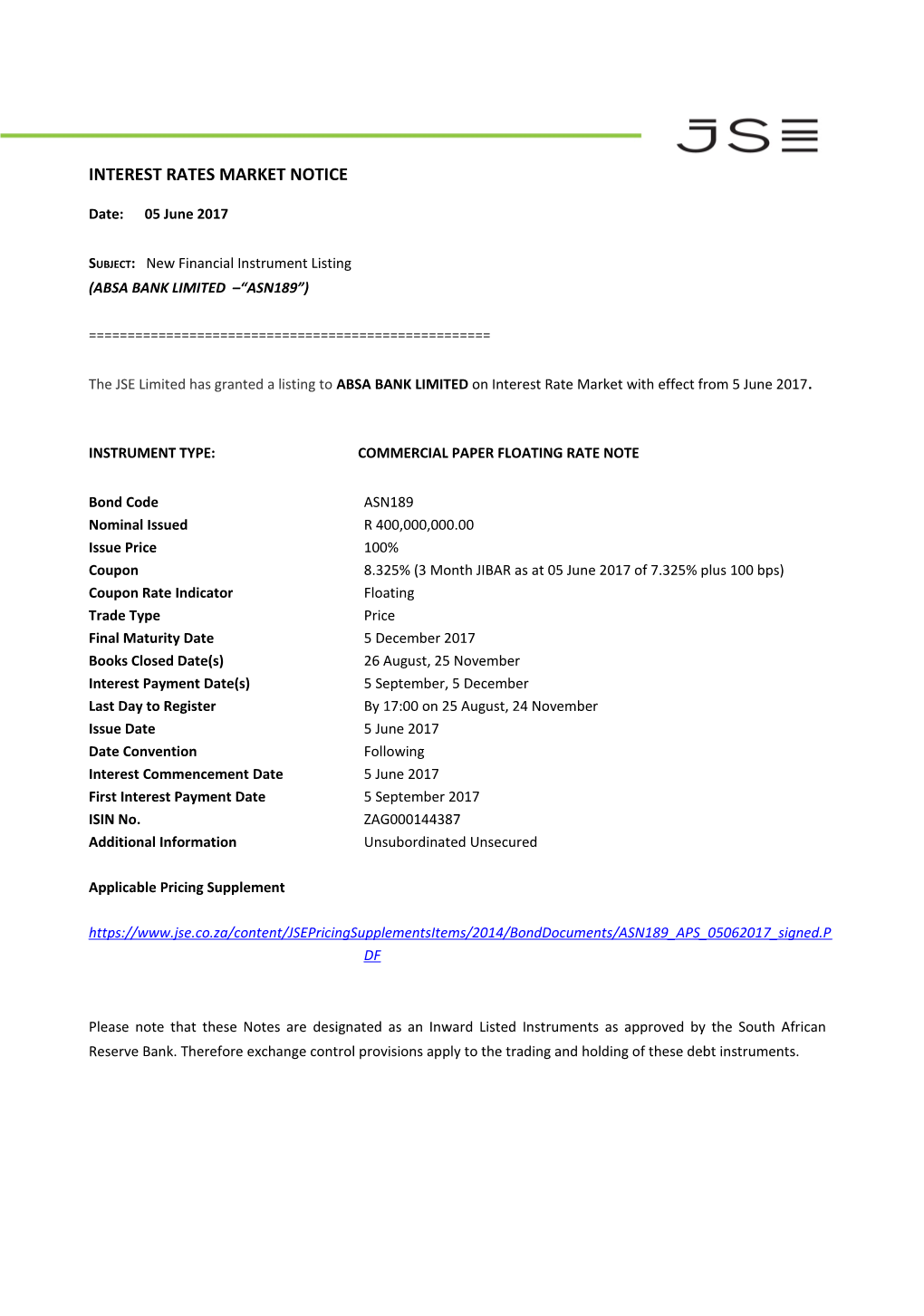 Interest Rate Market Notice