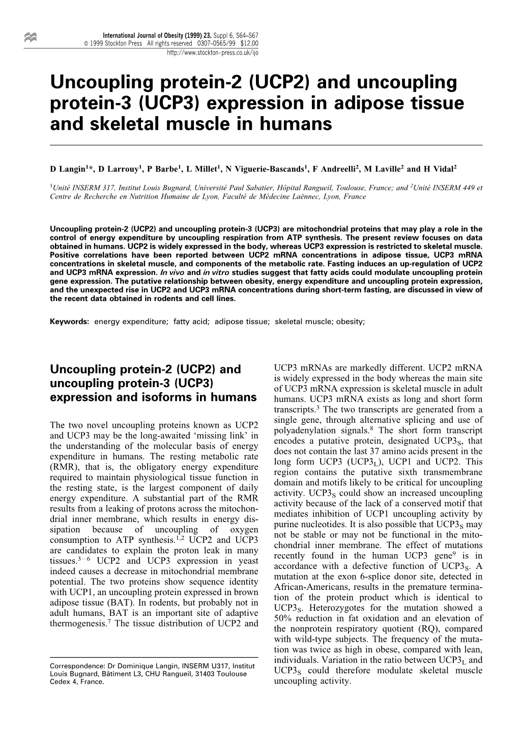 (UCP2) and Uncoupling Protein-3 (UCP3) Expression in Adipose Tissue and Skeletal Muscle in Humans