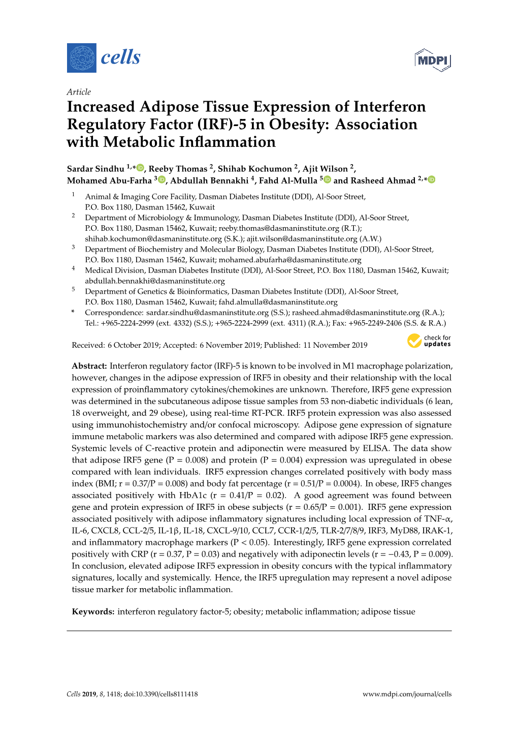 Increased Adipose Tissue Expression of Interferon Regulatory Factor (IRF)-5 in Obesity: Association with Metabolic Inﬂammation