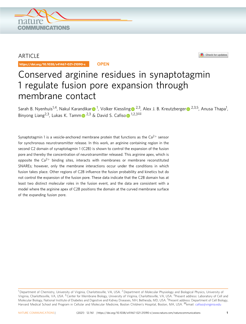 Conserved Arginine Residues in Synaptotagmin 1 Regulate Fusion Pore Expansion Through Membrane Contact