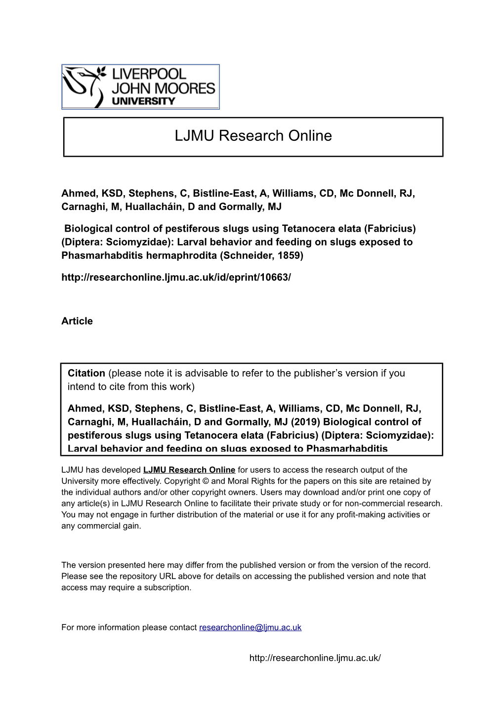 Biological Control of Pestiferous Slugs Using Tetanocera Elata (Fabricius