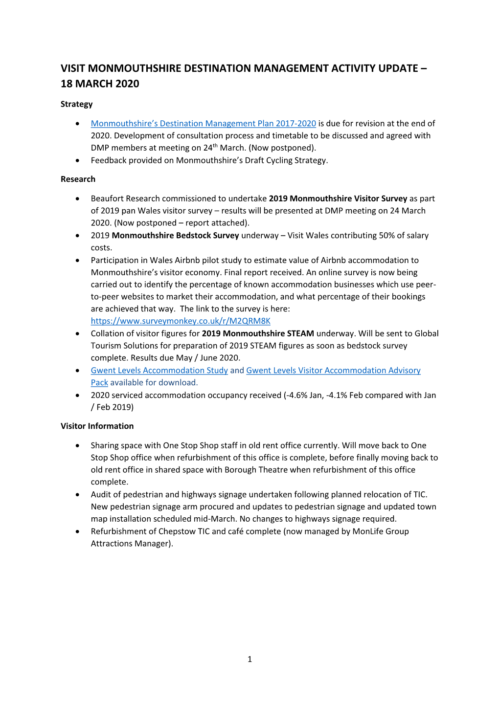 Visit Monmouthshire Destination Management Activity Update – 18 March 2020