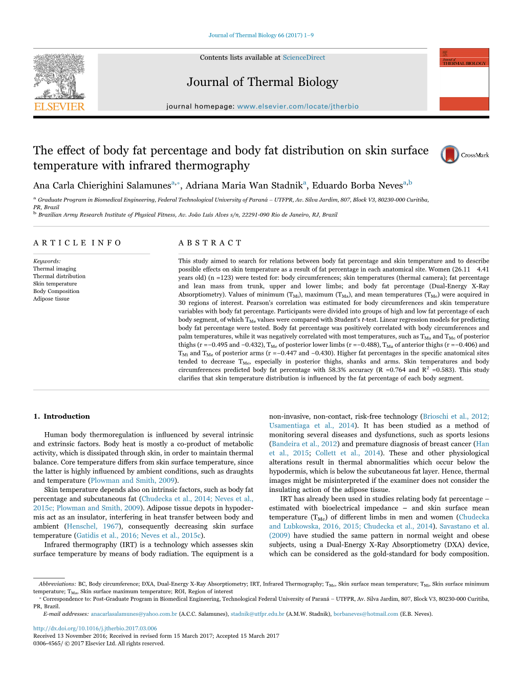 The Effect of Body Fat Percentage and Body Fat Distribution on Skin Surface Temperature with Infrared Thermography